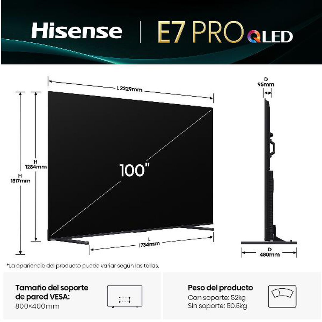El Hisense 100E7Q-PRO es un televisor QLED de 100 pulgadas dise&ntilde;ado para ofrecer una experiencia cinematogr&aacute;fica y de juego de alto nivel. 

Con tecnolog&iacute;a de color Quantum Dot, frecuencia de actualizaci&oacute;n de 144Hz y sonido envolvente Dolby Atmos, este modelo est&aacute; pensado para quienes buscan lo mejor en imagen, rendimiento y dise&ntilde;o.