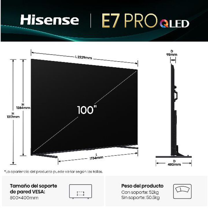 El Hisense 100E7Q-PRO es un televisor QLED de 100 pulgadas dise&ntilde;ado para ofrecer una experiencia cinematogr&aacute;fica y de juego de alto nivel. 

Con tecnolog&iacute;a de color Quantum Dot, frecuencia de actualizaci&oacute;n de 144Hz y sonido envolvente Dolby Atmos, este modelo est&aacute; pensado para quienes buscan lo mejor en imagen, rendimiento y dise&ntilde;o.