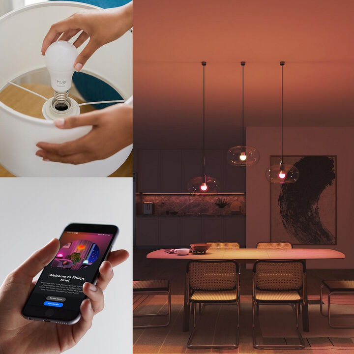 Starter Kit Bombilla E27 Est&aacute;ndar Philips Hue Essential White & Color & Zigbee Bluetooth.

LED integrado.

Bridge incluido.

Dimmer Switch incluido.

Controlable  por Zigbee & Bluetooth.

A&ntilde;ade color ambiental a cualquier habitaci&oacute;n con el kit de inicio E27 de Philips Hue White and color ambiance. Conecta con el Hue Bridge que se incluye para aprovechar la interminable lista de funcionalidades. Contr&oacute;lalo mediante la aplicaci&oacute;n, la voz o los interruptores incluidos. y a un precio much&iacute;simo m&aacute;s econ&oacute;mico