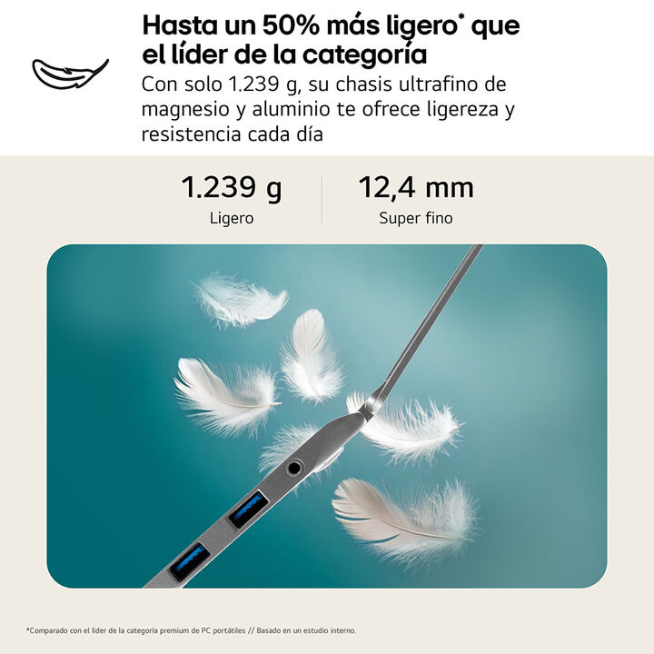 Port&aacute;til ultraligero LG gram pro de 16", procesador Intel&reg; Core&trade; Ultra 9  288V, 32 GB RAM, 1 TB SSD, hasta 25.5 horas de autonom&iacute;a, 1.239 g de peso, color Gris met&aacute;lico, Windows 11 Home. Modelo 16Z90TS-G.AU99BN.