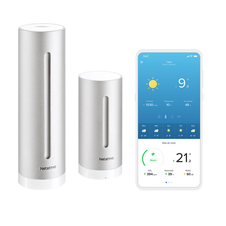 Accede a tus propios datos meteorológicos en tiempo real en tu smartphone con la Estación Meteorológica Inteligente Netatmo. Te revela los secretos de tu ambiente interior y exterior, te envía una notificación en tu smartphone si tu ambiente cambia y te da las claves para entenderlo con el historial de datos. Mejora fácilmente la calidad del aire en tu casa con las alertas de ventilación. Disfruta de un boletín meteorológico en 7 días integrado y aumenta la inteligencia de tu casa asociándolo con otros objetos conectados.

Añádele los accesorios que quieras para medir la lluvia, el viento y el ambiente de de habitaciones adicionales.