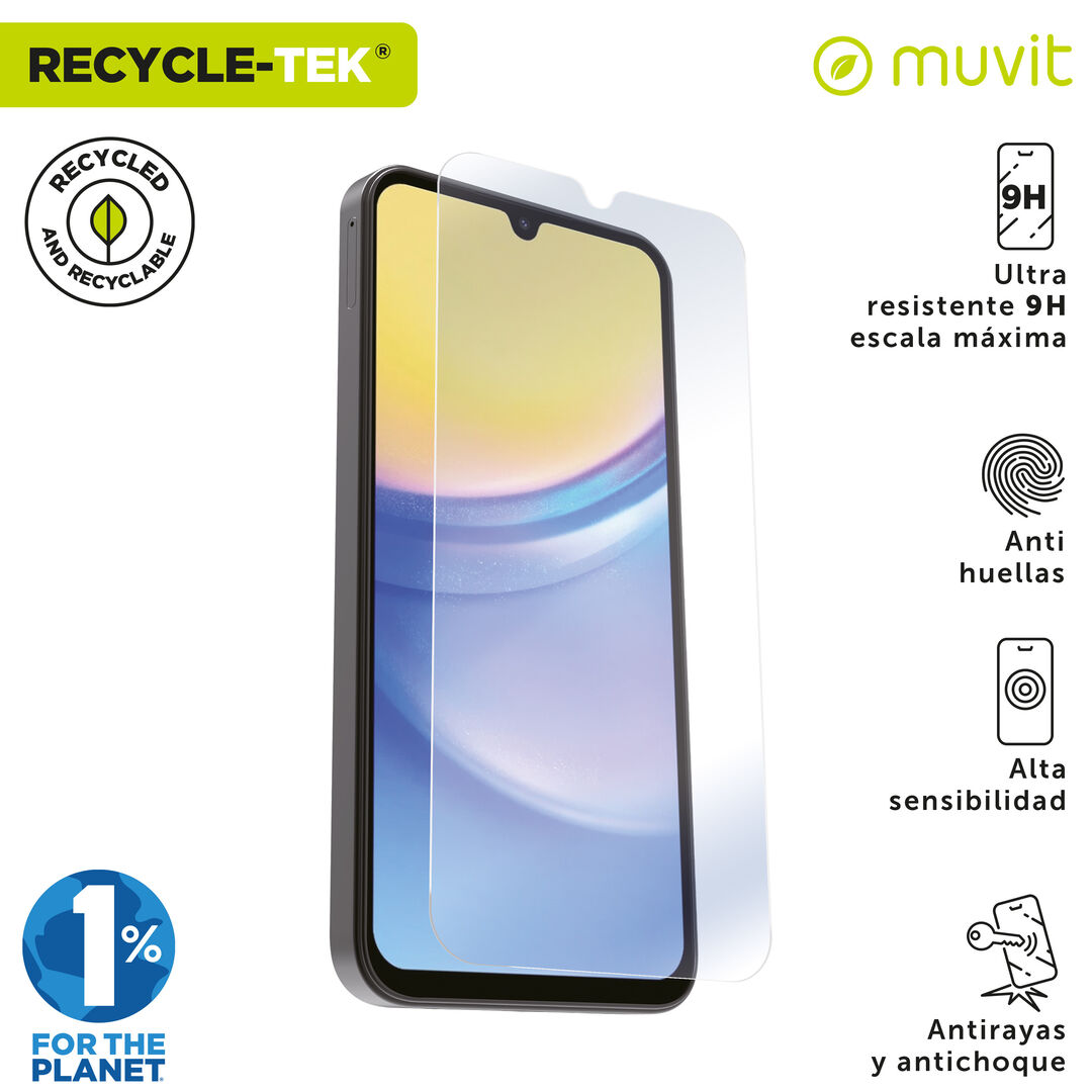&iexcl;Cuida tu dispositivo y contribuye a cuidar el planeta! Nuestro protector de pantalla eco responsable muvit for change, aporta protecci&oacute;n extra a la pantalla de tu Smartphone sin perder la sensibilidad al tacto. De alta resistencia a impactos y ara&ntilde;azos con una dureza de 9H (m&aacute;xima escala), evitar&aacute; la rotura de tu pantalla ante un golpe o ca&iacute;da. Su tratamiento oleo f&oacute;bico, repele agua, grasa y suciedad. En muvit for change nos comprometemos a donar el 1% de los ingresos para el planeta*.
