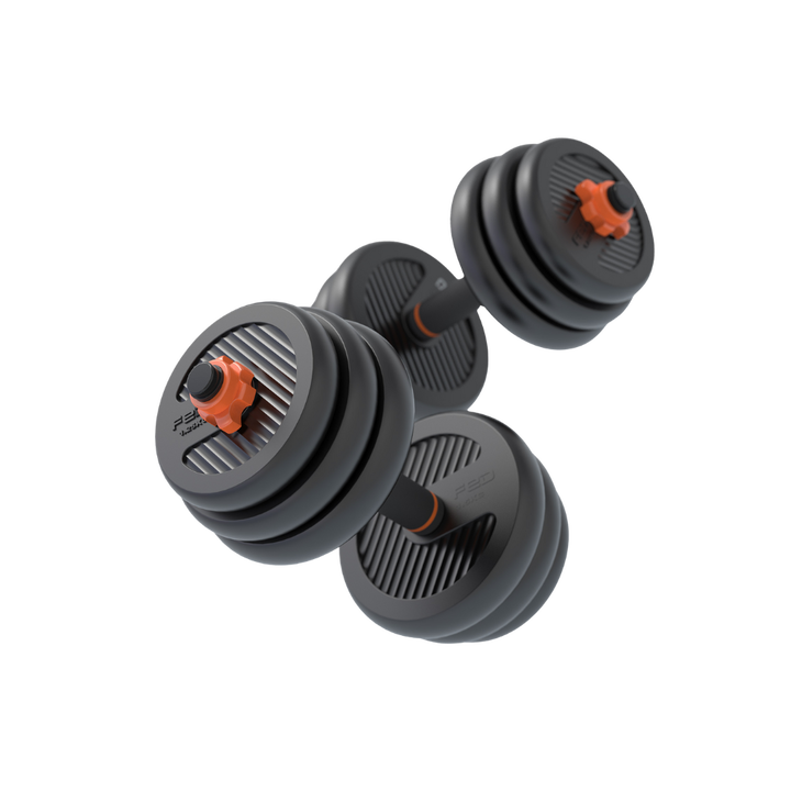 <p>El kit incluye varios discos de distintos pesos, juntamente con barras y soportes para pesas rusas, permitiendo personalizar todo tu equipo. Se pueden montar mancuernas, pesas rusas, barras con pesas y agarres para hacer flexiones.</p>