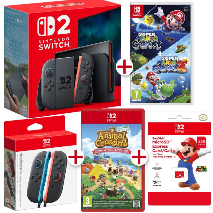NINTENDO SWITCH 2 + ANIMAL CROSSING SWITCH 2 + SUPER MARIO GALAXY 1 Y 2 + JOYCON + MicroSD EXPRESS CARD VERSI&Oacute;N ESPA&Ntilde;OLA GARANT&Iacute;A EUROPEA EU WARRANTY

Nintendo Switch 2 incluye:

&bull; Una consola Nintendo Switch 2

&bull; Mandos Joy-Con 2 (izquierdo y derecho)

&bull; Un soporte para mandos Joy-Con 2

&bull; Correas de los mandos Joy-Con 2

&bull; Una base de Nintendo Switch 2

&bull; Un cable HDMI de ultra alta velocidad

&bull; Un adaptador de corriente de Nintendo Switch 2

&bull; Un cable USB-C de carga

&bull; JUEGO COMPLETO ANIMAL CROSSING SWITCH 2 en formato de juego f&iacute;sico

&bull; JUEGO COMPLETO SUPER MARIO GALAXY y SUPER MARIO GALAXY 2 SWITCH en formato de juego f&iacute;sico

&bull; JOY-CON 2 (pareja - Azul claro/Rojo claro) para Nintendo Switch 2

&bull; Tarjeta MicroSD Express Card de 256Mb para Nintendo Switch 2

Con GameChat, todo el mundo podr&aacute; jugar en compa&ntilde;&iacute;a de nuevas maneras

Gracias a la nueva funci&oacute;n en l&iacute;nea GameChat*2, los usuarios podr&aacute;n jugar y hablar entre ellos como si estuvieran todos en la misma habitaci&oacute;n, sin importar la distancia que los separe en la realidad. Ya se trate de celebrar una victoria como simplemente de pasarse a saludar, con GameChat los usuarios tendr&aacute;n la sensaci&oacute;n de que sus amigos en l&iacute;nea del mundo entero est&aacute;n justo a su lado. Tras configurar GameChat, los usuarios solo tienen que pulsar el bot&oacute;n C situado en el mando Joy-Con 2 derecho para empezar un chat con sus amigos en cualquier momento. Mediante el micr&oacute;fono integrado de la consola, hasta 12 personas en distintas ubicaciones pueden comunicarse a trav&eacute;s del chat de voz mientras juegan. Adem&aacute;s, hasta cuatro personas pueden compartir sus pantallas y, si conectan una c&aacute;mara USB-C compatible, como la c&aacute;mara de Nintendo Switch 2 (a la venta por separado), tambi&eacute;n podr&aacute;n disfrutar del chat de v&iacute;deo y verse las caras mientras juegan y dan rienda suelta a todo su entusiasmo. Si m&aacute;s personas desean unirse a la sesi&oacute;n, solo podr&aacute;n hacerlo por medio del chat de voz. Hasta el 31 de marzo de 2026, se podr&aacute; disfrutar de GameChat sin necesidad de tener una suscripci&oacute;n a Nintendo Switch Online. Pasada esa fecha, ser&aacute; necesario contar con una suscripci&oacute;n.

Un mont&oacute;n de funciones y experiencias nuevas

Una pantalla m&aacute;s grande y con colores intensos que permite mostrar el movimiento con mayor fluidez Nintendo Switch 2 cuenta con una pantalla LCD de 7,9 pulgadas y 1080p que muestra im&aacute;genes en alta definici&oacute;n total (Full HD), aunque la consola sigue teniendo el mismo grosor que Nintendo Switch. Incluso en el modo port&aacute;til, Nintendo Switch 2 ofrece una experiencia de juego intensa y detallada, as&iacute; como gr&aacute;ficos fluidos que permiten ver en todo detalle los movimientos de los personajes y sus variadisimas expresiones faciales.

Los mandos Joy-Con 2 se acoplan a la consola con toda facilidad

Los mandos Joy-Con 2 son los mandos totalmente redise&ntilde;ados de Nintendo Switch 2 y se acoplan magn&eacute;ticamente a la consola. Ambos mandos se pueden usar a modo de rat&oacute;n desliz&aacute;ndolos sobre superficies como una mesa o el regazo de los jugadores para hacer una gran variedad de cosas, como por ejemplo, apuntar a los objetivos en ciertos juegos.

Un soporte que puede ajustarse en distintos &aacute;ngulos y un nuevo puerto USB-C

Los usuarios pueden ajustar el &aacute;ngulo del nuevo soporte situado en la parte trasera de NintendoSwitch 2 para jugar en la posici&oacute;n que m&aacute;s les apetezca. Mientras que Nintendo Switch solo cuenta con un puerto USB-C en la parte inferior de la consola, Nintendo Switch 2 a&ntilde;ade otro en

la parte superior, lo que permite a los jugadores usar el adaptador de corriente incluido con la consola para cargarla mientras juegan en el modo sobremesa.Tambi&eacute;n es posible conectar una c&aacute;mara USB-C compatible, como la c&aacute;mara de Nintendo Switch 2, para disfrutar del chat de

v&iacute;deo en GameChat.

Gran velocidad de procesamiento y rendimiento mejorado de los gr&aacute;ficos

El rendimiento de la CPU (unidad de procesamiento central) y la GPU (unidad de procesamiento de gr&aacute;ficos) de Nintendo Switch 2 se ha mejorado considerablemente con respecto a Nintendo Switch, lo que se traduce en una mayor velocidad de procesamiento y un aspecto visual

optimizado en los juegos. Tambi&eacute;n permite mostrar gr&aacute;ficos m&aacute;s detallados y acortar los tiempos de carga.

Sonido n&iacute;tido y audio espacial en 3DEn Nintendo Switch 2, el sonido es m&aacute;s definido y natural, con un equilibrio incluso mejor entre los rangos de frecuencia del audio. Cuando los usuarios jueguen en el modo port&aacute;til o en el modo sobremesa, podr&aacute;n disfrutar de los juegos con un sonido a&uacute;n m&aacute;s inmersivo y tridimensional.

Memoria interna de 256 GB

Nintendo Switch 2 dispone de 256 GB de memoria interna, ocho veces m&aacute;s que Nintendo Switch, para almacenar, entre otras cosas, juegos digitales y datos de guardado. En el caso de que se necesite almacenamiento adicional, Nintendo Switch 2 utiliza exclusivamente tarjetas microSD Express, que permiten leer datos a mayor velocidad en comparaci&oacute;n con modelos previos de tarjetas microSD.

Es posible jugar a t&iacute;tulos de Nintendo Switch en Nintendo Switch 2

En Nintendo Switch 2 se puede jugar tanto a t&iacute;tulos de Nintendo Switch 2 como a t&iacute;tulos compatibles de Nintendo Switch, ya sea en formato f&iacute;sico o digital. Es posible que algunos t&iacute;tulos de Nintendo Switch sean incompatibles o no compatibles en su totalidad con Nintendo Switch 2.

Los mandos Joy-Con y otros perif&eacute;ricos de Nintendo Switch, -como el mando Pro de Nintendo Switch, tambi&eacute;n se podr&aacute;n usar con Nintendo Switch 2 al conectarlos a la consola de manera inal&aacute;mbrica. En la p&aacute;gina web de Nintendo hay m&aacute;s informaci&oacute;n disponible sobre la compatibilidad con juegos y accesorios de Nintendo Switch.

La nueva base de Nintendo Switch 2

Si los usuarios conectan la base de Nintendo Switch 2 al televisor, podr&aacute;n disfrutar de hasta 120 fps y de una resoluci&oacute;n de hasta 4K en juegos y televisores compatibles.

M&uacute;ltiples personas pueden jugar a un mismo t&iacute;tulo con GameShare

Gracias a GameShare, una nueva funci&oacute;n de Nintendo Switch 2, los usuarios podr&aacute;n compartir un t&iacute;tulo para jugarlo con otras personas, incluso si estas no disponen de una copia del juego en cuesti&oacute;n. Por ejemplo, si una persona tiene una consola Nintendo Switch 2 y un juego compatible con GameShare, puede establecer la comunicaci&oacute;n local con las consolas Nintendo Switch 2 o Nintendo Switch de otros usuarios para invitarlos a jugar a dicho t&iacute;tulo de manera temporal. Si GameShare se usa entre consolas Nintendo Switch 2, tambi&eacute;n es posible utilizar GameChat durante partidas en l&iacute;nea para que los usuarios charlen con los dem&aacute;s mientras juegan a un mismo t&iacute;tulo.

Las tarjetas de juego virtuales aportan ventajas al uso de los juegos digitales

Las tarjetas de juego virtuales permiten a los usuarios gestionar f&aacute;cilmente los juegos digitales que tengan, jugarlos en dos consolas diferentes o incluso prest&aacute;rselos entre ellos. En la secci&oacute;n de la consola dedicada a las tarjetas de juego virtuales se muestran todos los juegos digitalesque un usuario ha adquirido con su cuenta Nintendo, lo que facilita acceder a ellos y cargarlos en la consola. Una vez que se cargue la tarjeta de juego virtual en una consola, cualquier usuario de la misma podr&aacute; jugar al juego incluso cuando la consola no est&eacute; conectada a internet. Adem&aacute;s, gracias a las tarjetas de juego virtuales los miembros de un mismo grupo familiar de la cuenta Nintendo pueden prestarse juegos entre s&iacute; por medio de la comunicaci&oacute;n local.
JOY-CON 2 PAREJA - AZUL CLARO/ROJO CLARO PARA NINTENDO SWITCH 2 VERSI&Oacute;N ESPA&Ntilde;OLA GARANT&Iacute;A EUROPEA EU WARRANTY

Pack de 2 Joy-Con 2 para la consola Nintendo Switch 2, actualizados para que sea mucho m&aacute;s f&aacute;cil el control del movimiento, vibraci&oacute;n HD 2 y el nuevo bot&oacute;n C para acceder f&aacute;cilmente a GameChat, adem&aacute;s de usar el nuevo modo rat&oacute;n en juegos compatibles.

Este juego de mandos incluye dos Joy-Con 2 (uno derecho y uno izquierdo), junto con un par de correas. Es perfecto para jugar en modo multijugador local con otra persona en t&iacute;tulos compatibles.

Los mandos tienen aceler&oacute;metro, giroscopio, sensor del rat&oacute;n, un tiempo de carga de aproximadamente 3,5 horas y una duraci&oacute;n de la bater&iacute;a de aproximadamente de 20 horas.

Especificaciones:

    Peso Aproximadamente 66 g
    Tama&ntilde;o Aproximadamente 116 mm &times; 14,4 mm &times; 30,7 mm
    Bater&iacute;a interna Bater&iacute;a de ion de litio; capacidad de la bater&iacute;a: 500 mAh.
    Conectividad Bluetooth
    Botones 
    Palanca izquierda (se puede pulsar)
    Botones direccionales y L, ZL, SL, SR y &minus;
    Bot&oacute;n de captura
    Bot&oacute;n de extracci&oacute;n
    Bot&oacute;n SYNC

TARJETA DE MEMORIA 256 GB MICRO SD EXPRESS CARD PARA NINTENDO SWITCH 2 GARANT&Iacute;A EUROPEA EU WARRANTY

Tarjeta de memoria de 256 GB tipo Micro SD XC Express para la consola Nintendo Switch 2.

Con esta tarjeta puedes aumentar la capacidad de tu consola para descargar juegos y complementos.

Producto oficial Nintendo fabricado por SanDisk.