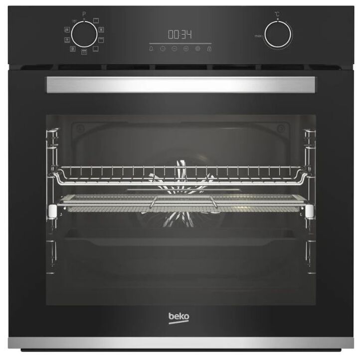 Horno multifunci&oacute;n integrable Beko con 72 litros de capacidad, acabado en cristal negro/acero inoxidable, sistema de limpieza pirol&iacute;tica, tecnolog&iacute;a AeroPerfect&trade; para una distribuci&oacute;n homog&eacute;nea del calor, funci&oacute;n SteamShine&reg;, control t&aacute;ctil LED y accesorios especiales como AirFry y gu&iacute;a telesc&oacute;pica.