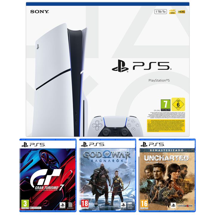 Pack PS5 DISCO 1Tb (CFI-2116 Slim Chasis E) + Gran Turismo 7 PS5 + 
God of War Ragnarok PS5 + Uncharted Colecci&oacute;n Legado de los Ladrones PS5