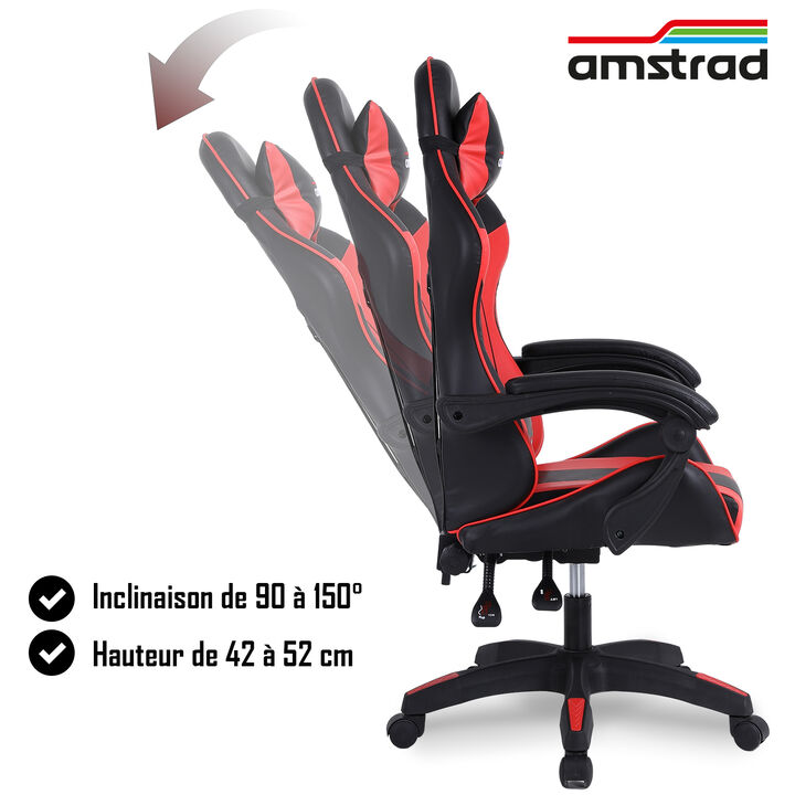 <!DOCTYPE html>
<html lang="es">
<head>
  <meta charset="UTF-8">
  <title>Amstrad AMS-800-RED - Silla Gaming</title>
  <style>
    body {
      font-family: Arial, sans-serif;
      max-width: 600px;
      margin: 40px auto;
      color: #222;
    }

    h2 {
      color: #cc0000;
      margin-bottom: 10px;
    }

    .descripcion {
      background-color: #f9f9f9;
      border-left: 4px solid #cc0000;
      padding: 12px 16px;
      margin-bottom: 20px;
      line-height: 1.6;
    }

    table {
      width: 100%;
      border-collapse: collapse;
    }

    table tr:nth-child(even) {
      background-color: #f5f5f5;
    }

    table td {
      padding: 8px 12px;
      border-bottom: 1px solid #ddd;
    }

    table td:first-child {
      font-weight: bold;
      width: 55%;
    }
  </style>
</head>
<body>

  <h2>Amstrad AMS-800-RED &mdash; Silla Gaming Negro & Rojo</h2>

  <div class="descripcion">
    Amstrad te ofrece su silla AMS-800-RED en negro y rojo, con coj&iacute;n lumbar incluido.
  </div>

  <h2>Especificaciones</h2>

  <table>
    <tr>
      <td>Colores</td>
      <td>Negro y rojo</td>
    </tr>
    <tr>
      <td>Reposabrazos</td>
      <td>2</td>
    </tr>
    <tr>
      <td>Inclinaci&oacute;n del respaldo</td>
      <td>Hasta 150&deg;</td>
    </tr>
    <tr>
      <td>Coj&iacute;n lumbar y reposacabezas</td>
      <td>Incluidos</td>
    </tr>
    <tr>
      <td>Profundidad</td>
      <td>47 cm</td>
    </tr>
    <tr>
      <td>Ancho del asiento (entre reposabrazos)</td>
      <td>47 cm</td>
    </tr>
    <tr>
      <td>Ancho del respaldo</td>
      <td>54 cm</td>
    </tr>
    <tr>
      <td>Altura del asiento</td>
      <td>De 42 a 52 cm</td>
    </tr>
    <tr>
      <td>Peso m&aacute;ximo soportado</td>
      <td>130 kg</td>
    </tr>
    <tr>
      <td>Peso del producto</td>
      <td>14 kg</td>
    </tr>
    <tr>
      <td>Materiales</td>
      <td>PVC, Espuma, Nylon, Metal, Madera contrachapada</td>
    </tr>
  </table>

</body>
</html>
