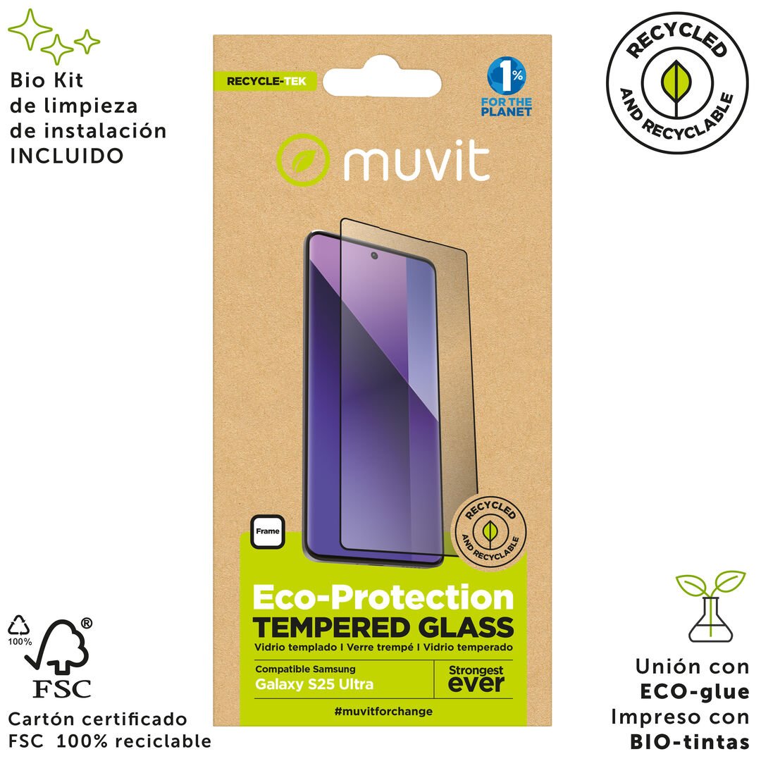 ¡Cuida tu dispositivo y contribuye a cuidar el planeta! Nuestro protector de pantalla eco responsable muvit for change, aporta protección extra a la pantalla de tu Smartphone sin perder la sensibilidad al tacto. De alta resistencia a impactos y arañazos con una dureza de 9H (máxima escala), evitará la rotura de tu pantalla ante un golpe o caída. Su tratamiento oleo fóbico, repele agua, grasa y suciedad. En muvit for change nos comprometemos a donar el 1% de los ingresos para el planeta*.