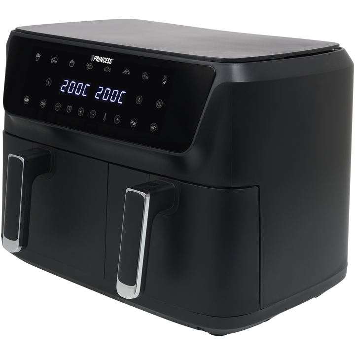 Con esta aerofreidora de doble cesta se pueden preparar dos tipos de comida a la vez. Esta aerofreidora tiene un volumen total de 11 L y una potencia de 2700 W. Utilice la cesta más amplia para platos principales y la menor para comidas más pequeñas.