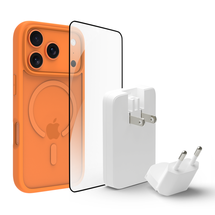 Funda iPhone 17 Pro MS, Naranja + ECOSHIELD+ cargador 45W (carga r&aacute;pida)