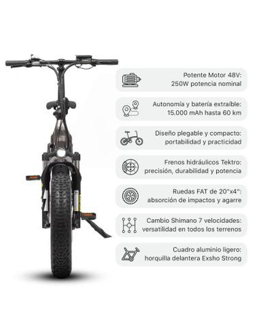 Bicicleta eléctrica de montaña con asistente al pedaleo, motor de 250W 48V, batería de 15Ah, 7 velocidades, plegable, frenada hidráulica, Horquilla Exsho y cuadro de aluminio smartGyro Ebike FAT.