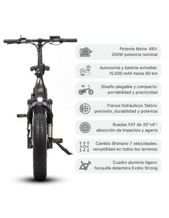Bicicleta eléctrica de montaña con asistente al pedaleo, motor de 250W 48V, batería de 15Ah, 7 velocidades, plegable, frenada hidráulica, Horquilla Exsho y cuadro de aluminio smartGyro Ebike FAT.