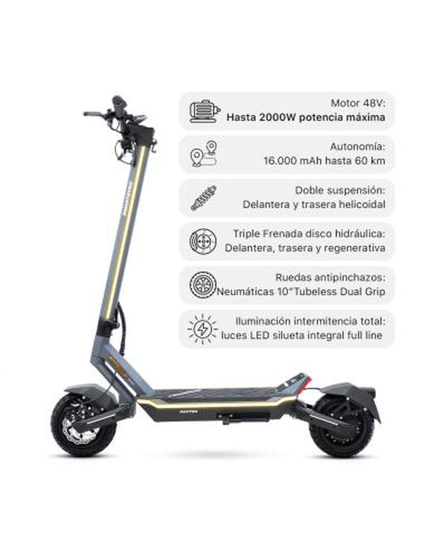 Patinete eléctrico certificado con una potencia máxima de 2000W 48V, batería de litio de 16.000 mAh con hasta 60 km de autonomía, ruedas de 10" neumáticas tubeless, frenos hidráulicos, suspensión delantera y trasera por elastómeros, triple frenada, intermitentes y APP compatible.