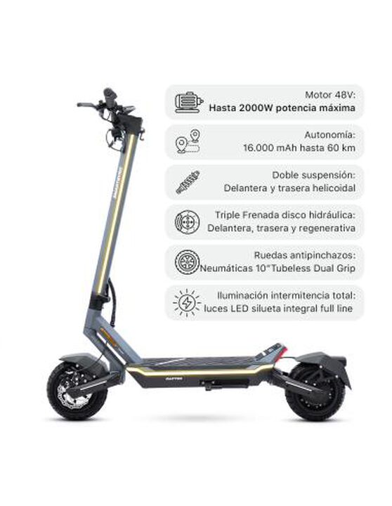Patinete eléctrico certificado con una potencia máxima de 2000W 48V, batería de litio de 16.000 mAh con hasta 60 km de autonomía, ruedas de 10" neumáticas tubeless, frenos hidráulicos, suspensión delantera y trasera por elastómeros, triple frenada, intermitentes y APP compatible.