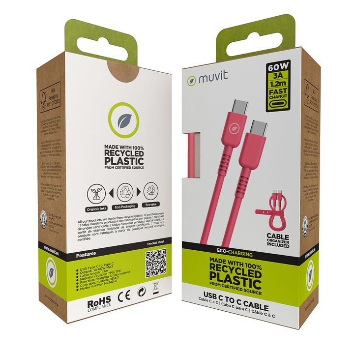 Carga y transfiere datos entre tus dispositivos con la nueva gama de cables y cargadores de muvit for change y contribuye a hacer del planeta un lugar mejor. 

Cable para carga y transferencia de datos con conector Tipo C a Tipo C, 3A transferencia r&aacute;pida,1.2m de longitud, en color magenta, 100% reciclable y fabricado con materiales reciclados de origen certificado RCS - RECYCLED CLAIM STANDARD.&nbsp; 

En muvit for change nos comprometemos a donar el 1% de los ingresos para el planeta*.&nbsp;