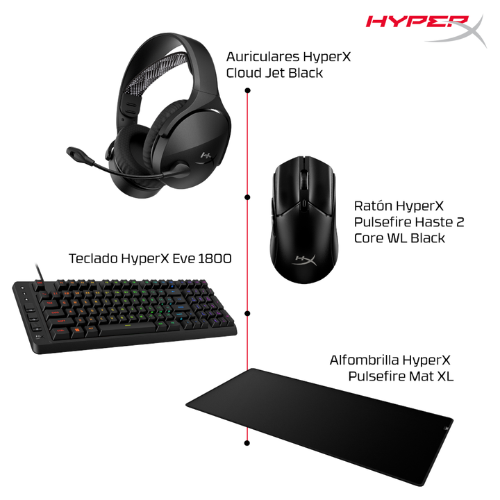 <p>HyperX Cloud Jet - Wireless Gaming Headset. Conectividad inal&aacute;mbrica dual, Sonido caracter&iacute;stico de HyperX, Micr&oacute;fono que se silencia con un giro, Bater&iacute;a de larga duraci&oacute;n</p>
<p>Compatibilidad: Ordenador; Mac; PS5; PS4; M&oacute;vil.</p>