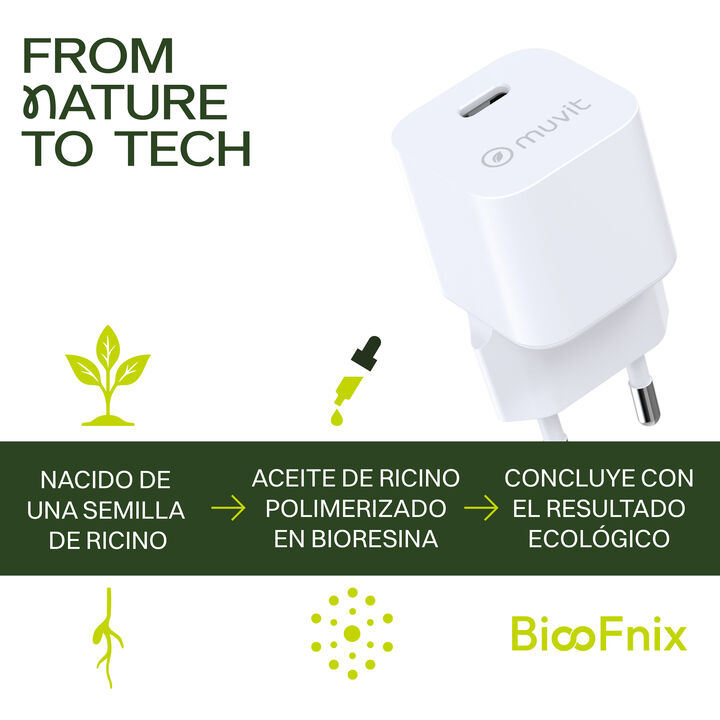 El cargador de pared muvit for change BiooFnix 30W representa una nueva generaci&oacute;n de tecnolog&iacute;a m&aacute;s respetuosa con el planeta. Fabricado a partir de aceite de ricino transformado en bioresina, este cargador nace literalmente de una semilla, como s&iacute;mbolo de innovaci&oacute;n sostenible y compromiso medioambiental.