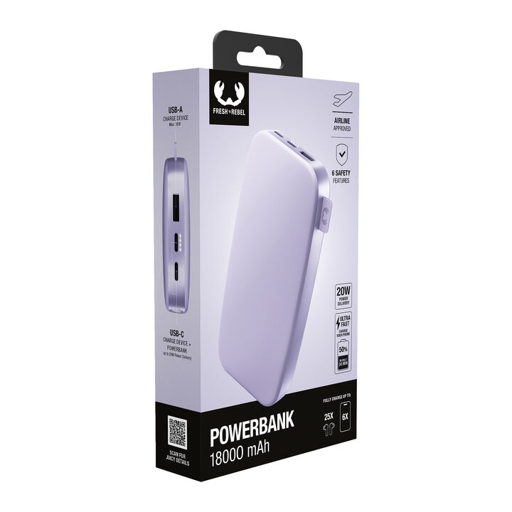 "Powerbank 18000 mAh
Bater&iacute;a recargable de bolsillo
Nuestros ltimos Powerbanks tienen un dise&ntilde;o suave y, gracias a la funci&oacute;n de carga r&aacute;pida, son m&aacute;s r&aacute;pidos que nunca. Con 20W Power Delivery sus dispositivos estar&aacute;n listos para funcionar antes de que se de cuenta. El Powerbank 18000 mAh puede cargar su tel&eacute;fono hasta 6 veces y su tablet hasta 3 veces.
 Carga ultrarr&aacute;pida con suministro de energ&iacute;a de 20 W
 Carga hasta el 50% en 30 min
 6 caracter&iacute;sticas de seguridad
 Aprobado para avi&oacute;n"