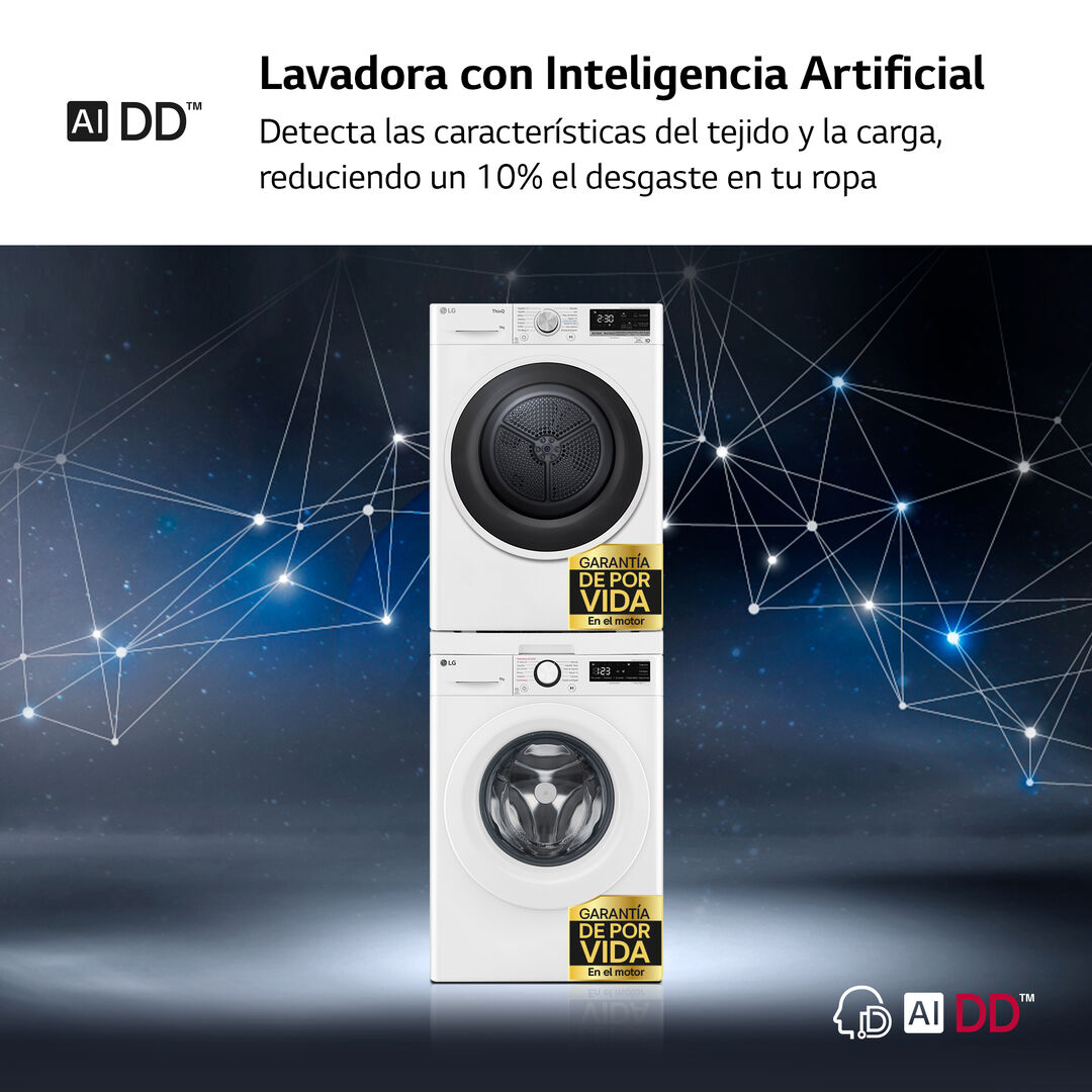 Torre LG 9/9 kg con AI Direct Drive y secado eficiente A++