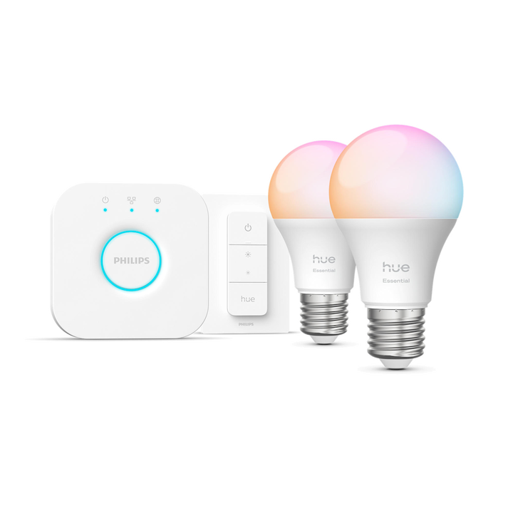 Starter Kit Bombilla E27 Est&aacute;ndar Philips Hue Essential White & Color & Zigbee Bluetooth.

LED integrado.

Bridge incluido.

Dimmer Switch incluido.

Controlable  por Zigbee & Bluetooth.

A&ntilde;ade color ambiental a cualquier habitaci&oacute;n con el kit de inicio E27 de Philips Hue White and color ambiance. Conecta con el Hue Bridge que se incluye para aprovechar la interminable lista de funcionalidades. Contr&oacute;lalo mediante la aplicaci&oacute;n, la voz o los interruptores incluidos. y a un precio much&iacute;simo m&aacute;s econ&oacute;mico