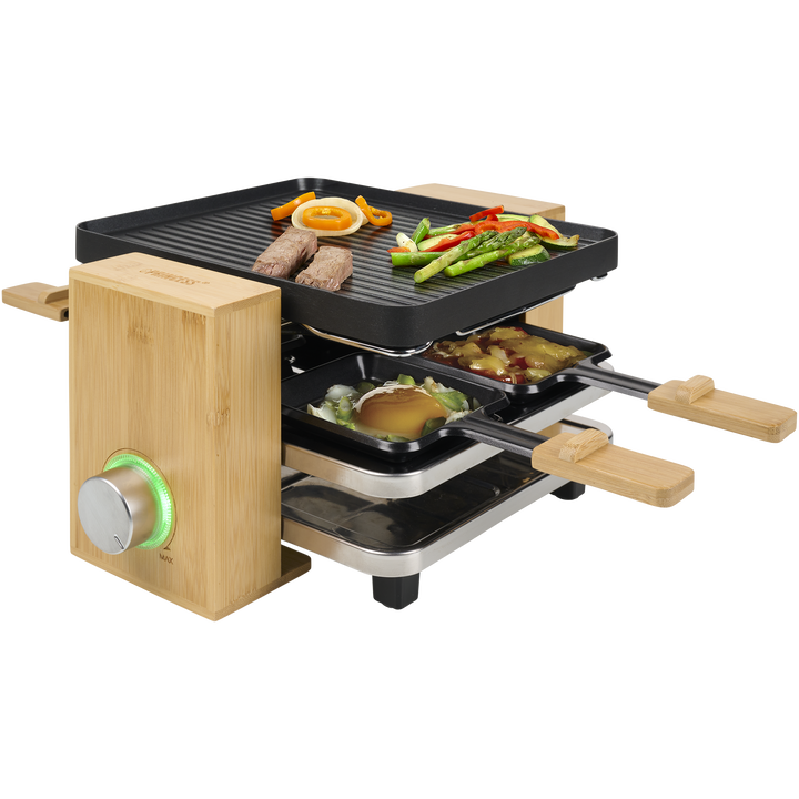 Esta fondue de último diseño tiene una carcasa con acabado en bambú. Con 1,5L de capacidad y 8 tenedores es ideal para carne, queso o chocolate. Tiene recubrimiento antiadherente para una limpieza más fácil + a raclette Pure 4 162950 de Princess. Después de su uso, las bandejas se pueden guardar de forma segura y sencilla para que no estorben. Gracias a su exquisito acabado en bambú, ¡esta raclette para 4 personas será la protagonista de la cocina! Esta fondue de último diseño tiene una carcasa con acabado en bambú. Con 1,5L de capacidad y 8 tenedores es ideal para carne, queso o chocolate. Tiene recubrimiento antiadherente para una limpieza más fácil + a raclette Pure 4 162950 de Princess. Después de su uso, las bandejas se pueden guardar de forma segura y sencilla para que no estorben. Gracias a su exquisito acabado en bambú, ¡esta raclette para 4 personas será la protagonista de la cocina!