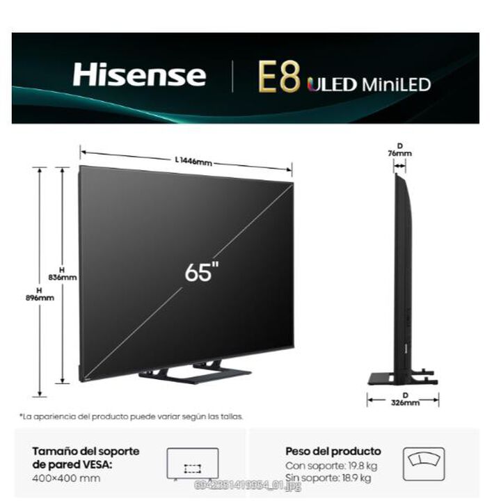 TV Hisense Mini LED 65" 4K Peana central 144Hz Full Array Subwoofer Dolby Vision IQ Dolby Atmos
