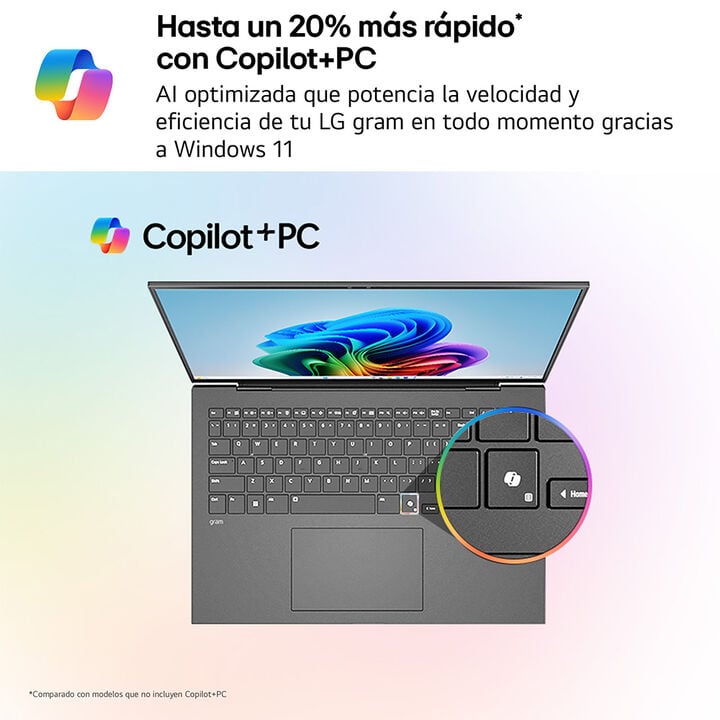 Port&aacute;til ultraligero LG gram pro de 16", procesador Intel&reg; Core&trade; Ultra 9  288V, 32 GB RAM, 1 TB SSD, hasta 25.5 horas de autonom&iacute;a, 1.239 g de peso, color Gris met&aacute;lico, Windows 11 Home. Modelo 16Z90TS-G.AU99BN.