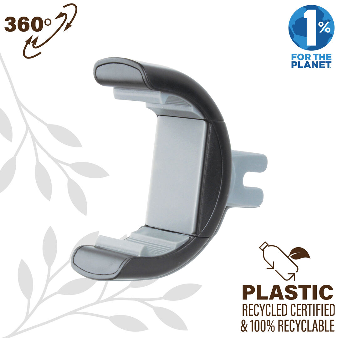 Soporte coche universal de "muvit for change" para salida de aire, con cabeza rotativa de 360&deg;, compatible con dispositivos de hasta 6,7" y fabricado con pl&aacute;stico reciclado de origen certificado.&nbsp; 

Se presenta en un embalaje respetuoso con el medio ambiente, libre de pl&aacute;sticos. 100% reciclable, certificado FSC, uso de pegamento y tinta de origen vegetal. 

En muvit for change nos comprometemos a donar el 1% de los ingresos para el planeta*.