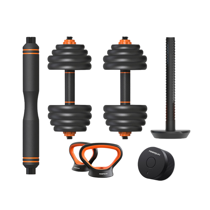 <p>El kit incluye varios discos de distintos pesos, juntamente con barras y soportes para pesas rusas, permitiendo personalizar todo tu equipo. Se pueden montar mancuernas, pesas rusas, barras con pesas y agarres para hacer flexiones.</p>