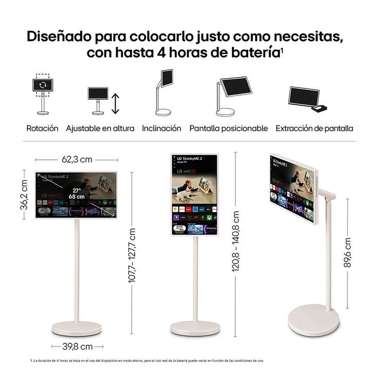 Smart TV port&aacute;til de 27" con pantalla t&aacute;ctil QHD, bater&iacute;a de hasta 4 horas y base con ruedas. Permite girar, inclinar y ajustar la altura para adaptarse a cualquier estancia.