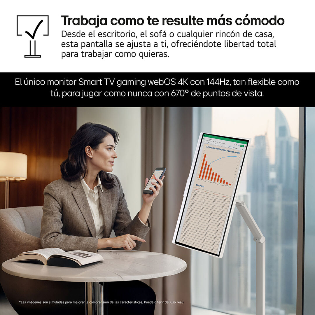 Smart Monitor Swing, 32'', serie gaming, 4K UHD, 144 Hz, 1ms, Smart TV webOS 24, peana Swing port&aacute;til y flexible, Mando Magic Pointer Remote