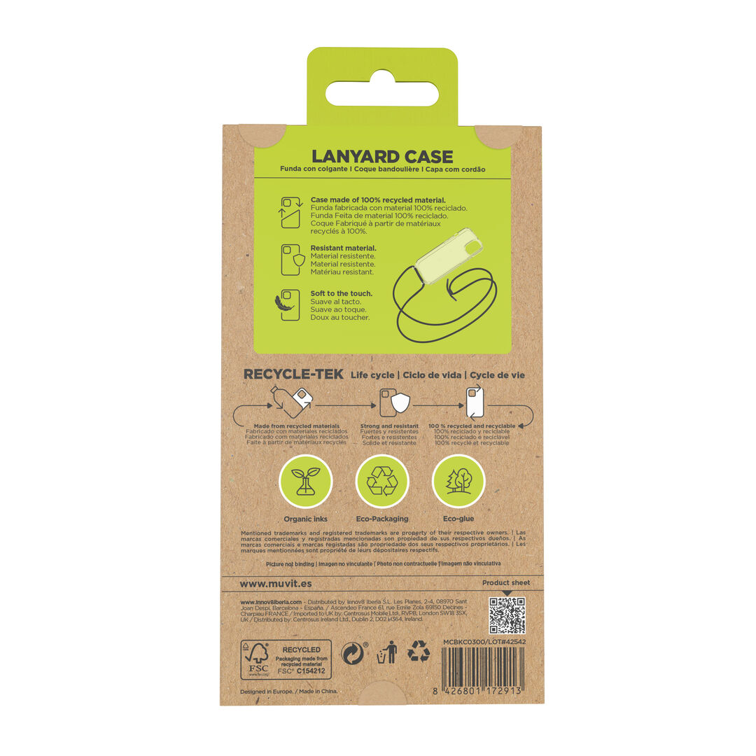 Lleva tu iPhone 15 donde quieras y prot&eacute;gelo con la nueva funda de muvit for change, prot&eacute;gelo de golpes resaltando su dise&ntilde;o original y tenlo siempre a mano con el cord&oacute;n super resistente hecho de fibra de nylon. La funda&nbsp;Recycletek&nbsp;de&nbsp;muvit for change&nbsp;est&aacute; fabricada con material reciclado de alta calidad, contribuyendo a la reducci&oacute;n de residuos y al fomento de pr&aacute;cticas sostenibles. 

Con cada compra de la funda&nbsp;Recycletek, te unes a nuestra misi&oacute;n de cambio positivo.&nbsp;muvit for change&nbsp;se compromete a donar parte de las ganancias a iniciativas medioambientales, trabajando juntos para un futuro m&aacute;s verde.