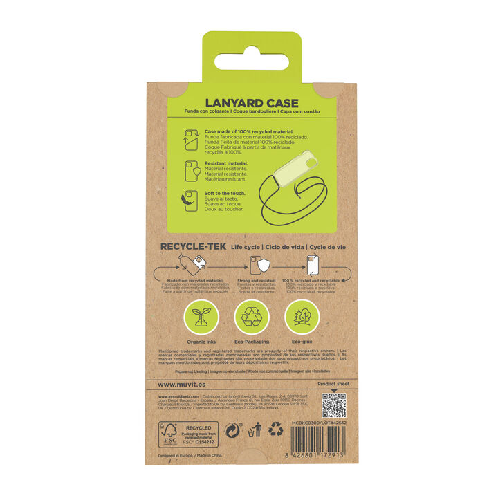 Lleva tu iPhone 15 donde quieras y prot&eacute;gelo con la nueva funda de muvit for change, prot&eacute;gelo de golpes resaltando su dise&ntilde;o original y tenlo siempre a mano con el cord&oacute;n super resistente hecho de fibra de nylon. La funda&nbsp;Recycletek&nbsp;de&nbsp;muvit for change&nbsp;est&aacute; fabricada con material reciclado de alta calidad, contribuyendo a la reducci&oacute;n de residuos y al fomento de pr&aacute;cticas sostenibles. 

Con cada compra de la funda&nbsp;Recycletek, te unes a nuestra misi&oacute;n de cambio positivo.&nbsp;muvit for change&nbsp;se compromete a donar parte de las ganancias a iniciativas medioambientales, trabajando juntos para un futuro m&aacute;s verde.