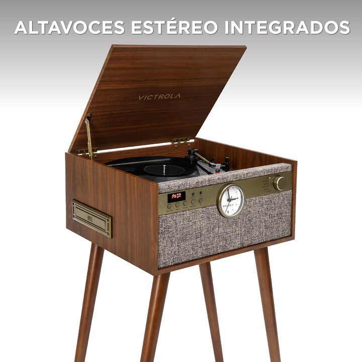 Elegancia de mediados de siglo
El tocadiscos Bluetooth&reg; Vincrola Century Signature+ aporta un elegante dise&ntilde;o de mediados de siglo al centro de m&uacute;sica todo en uno.
El Century Signature+ cuenta con un tocadiscos de 3 velocidades accionado por correa, que puede reproducir cualquiera de sus discos favoritos a trav&eacute;s de sus altavoces est&eacute;reo incorporados. Saque la colecci&oacute;n de CD para el reproductor de CD de Century o reproduzca sus cintas antiguas con la funci&oacute;n de casete.
La conectividad Bluetooth le permite reproducir m&uacute;sica desde su dispositivo inteligente o transmitir su vinilo a cualquier altavoz Bluetooth externo con tecnolog&iacute;a Vinyl Stream.

&iquest;Qu&eacute; es 6 en 1?
&iexcl;6 formas de escuchar en 1 sistema de m&uacute;sica! Escucha tus canciones favoritas a trav&eacute;s de:
1. Tocadiscos
2. Reproductor de CD
3. Reproductor de casetes
4. Reproductor de entrada auxiliar
5. Entrada Bluetooth
6. Salida Bluetooth (VinylStream)