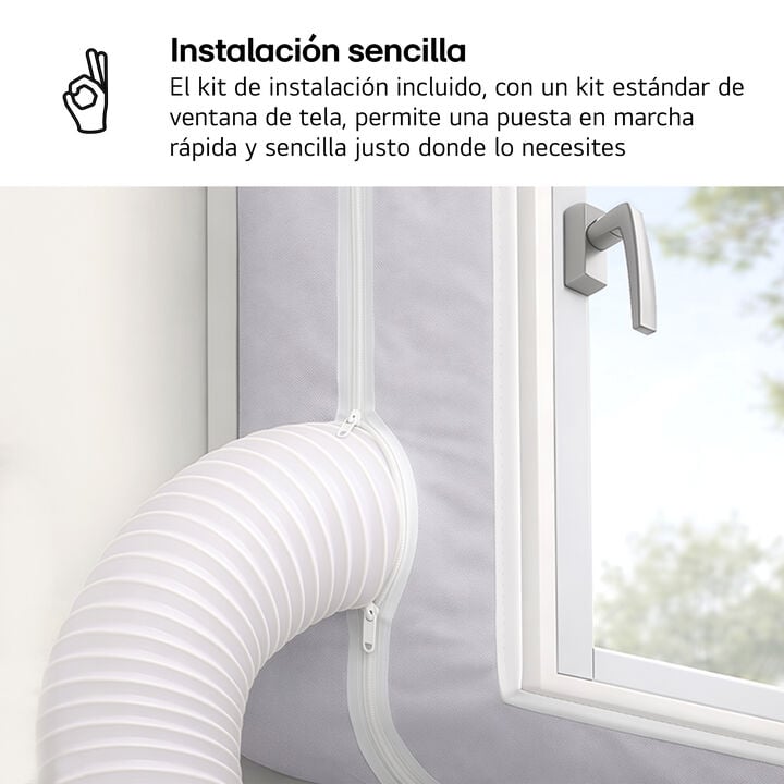 Aire acondicionado port&aacute;til LG TF09TAS, 1000 W, hasta 22 m&sup2;, funcionamiento silencioso desde 51 dB y dise&ntilde;o con ruedas para m&aacute;xima movilidad.
