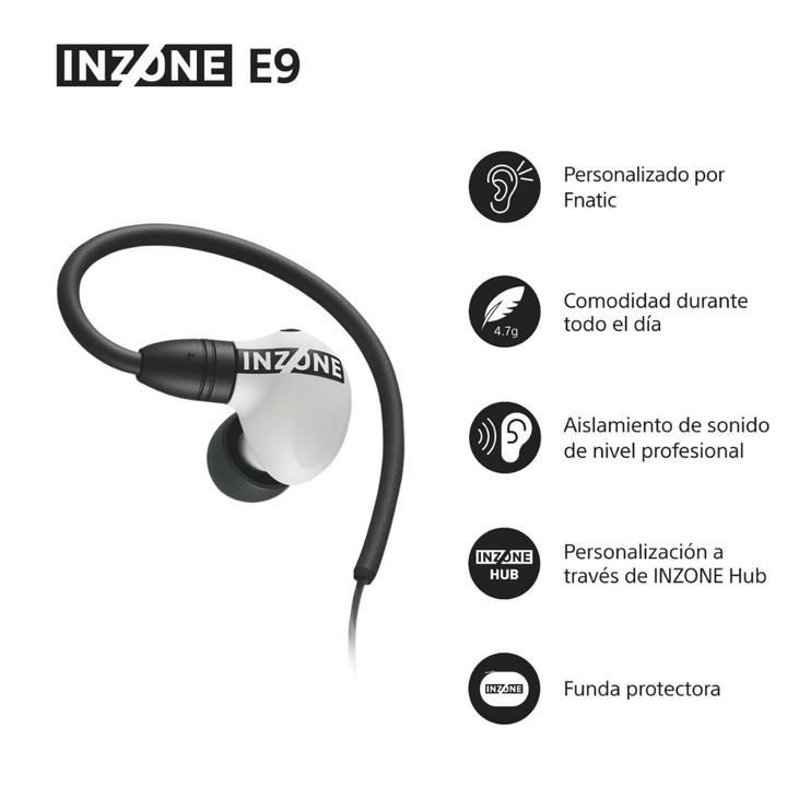 <p>Desarrollados en colaboración con Fnatic y optimizados para los juegos FPS de élite, los auriculares INZONE E9 te sumergen en un sonido total gracias a sus almohadillas aislantes y su diseño sellado. Cada sonido se amplifica con precisión. El bloque de audio USB-C ofrece sonido envolvente virtual de 7.1 canales y ajustes personalizables mediante INZONE Hub.</p>
