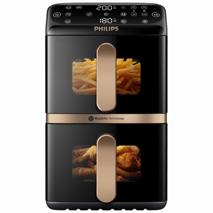 Airfryer Serie 4000 con doble cesta vertical (2&times;5 L, total 10 L), tecnolog&iacute;a Rapid Air, ventana de control, pantalla t&aacute;ctil superior, funci&oacute;n de sincronizaci&oacute;n y app HomeID de recetas. Color negro con mango cobre.