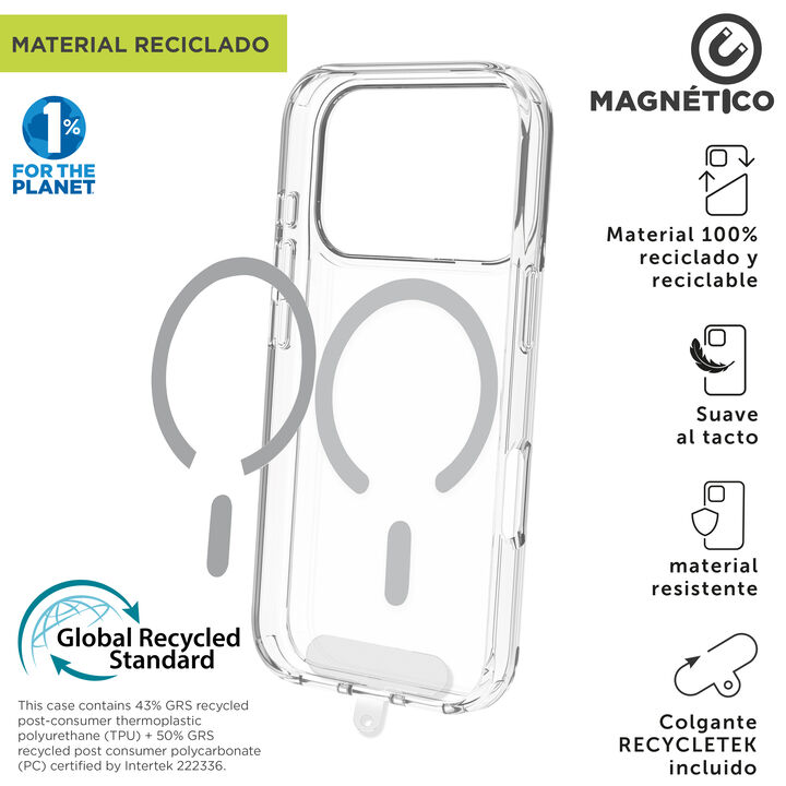 Funda muvit for change MagSafe transparente, pensada para proteger tu iPhone 18 Pro Max / 17 Pro Max sin ocultar su dise&ntilde;o original. Su acabado totalmente transparente resalta el dispositivo mientras ofrece una protecci&oacute;n eficaz frente a golpes, ca&iacute;das y ara&ntilde;azos del uso diario. 

Compatible con tecnolog&iacute;a MagSafe, integra un anillo magn&eacute;tico que asegura una alineaci&oacute;n perfecta con cargadores y accesorios, permitiendo una carga inal&aacute;mbrica r&aacute;pida y estable. Su ajuste preciso facilita el acceso a botones, puertos y c&aacute;mara sin necesidad de retirarla. 

Fabricada con materiales reciclados y certificada con el est&aacute;ndar GRS (Global Recycled Standard), refleja un compromiso real con la sostenibilidad. Adem&aacute;s, destina el 1% de sus ventas a 1% FOR THE PLANET. Incluye tambi&eacute;n un colgante de regalo, aportando comodidad y un extra pr&aacute;ctico para el d&iacute;a a d&iacute;a.