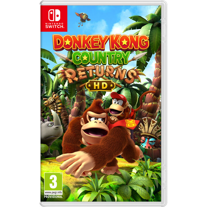 DONKEY KONG COUNTRY RETURNS HD SWITCH JUEGO FÍSICO PARA NINTENDO SWITCH VERSIÓN ESPAÑOLA GARANTÍA EUROPEA EU WARRANTY 
IDIOMAS:
Salta, rueda y pega pisotones en la Isla de Donkey Kong en este juego de aventuras y plataformas en 2D
¡Ayuda a Donkey Kong y Diddy Kong a recuperar su preciada provisión de plátanos de las garras de la tribu Tiki Tak en Donkey Kong Country Returns HD para Nintendo Switch! Pisotea a los enemigos, desplázate entre barriles a velocidades de vértigo y súbete a cohetes, vagonetas e incluso a lomos de Rambi el rinoceronte, en 80 niveles distribuidos en nueve mundos.
Disfruta del juego tal y como fue concebido para Wii, o disminuye la dificultad para disponer de corazones adicionales y otras ayuditas que harán más sencilla la partida. Esta trepidante aventura cuenta con gráficos en alta definición para Nintendo Switch ¡y también incluye los niveles extras de la versión de Nintendo 3DS!
 
Video will open in a new window
Aúna fuerzas con otra persona... ¡y completad el juego como Donkey Kong y Diddy Kong!
En el modo local para dos jugadores, puedes pasarle un mando Joy-Con a otra persona para enfrentaros a la tribu Tiki Tak como DK y Diddy. Atacad a los enemigos con la cacahuetola de Diddy, volad con el barril a reacción, aporread el suelo como DK para doblegar a los malos ¡o despachadlos sin más con el ataque rueda! Formad equipo ¡y a por esos plátanos!
Idiomas: Japonés, Inglés, Español, Francés, Alemán, Italiano, Neerlandés, Coreano, Chino