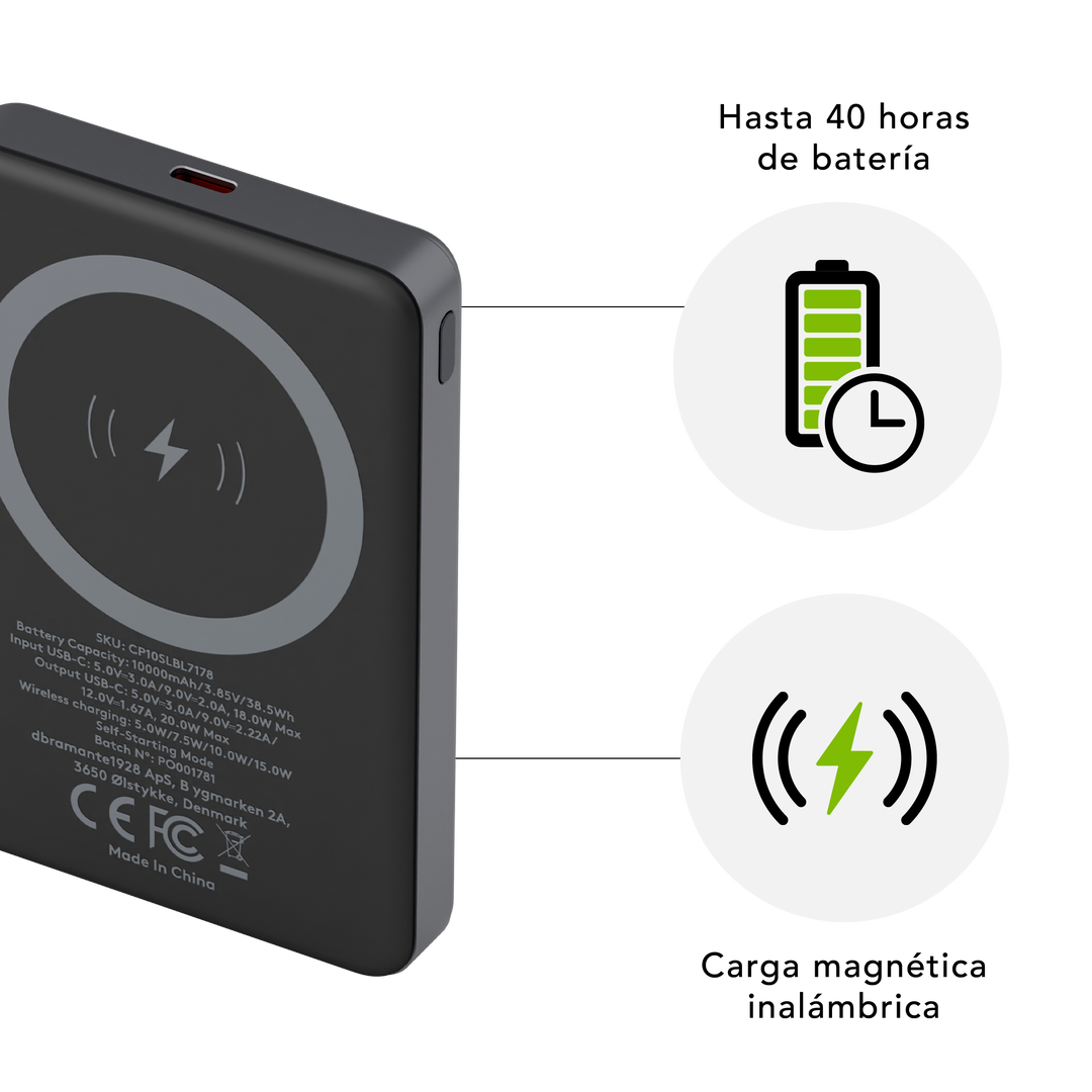 Power Bank Eco MAgsafe inal&aacute;mbrica de 10.000 Mah Fabricado con materiales pl&aacute;stico reciclado y recicables. 100% GRS certificado. Incorpora tambien un LED indicando si es necesario recargarla. Tambien cable USB C de carga.