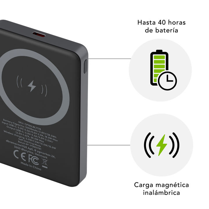 Power Bank Eco MAgsafe inal&aacute;mbrica de 10.000 Mah Fabricado con materiales pl&aacute;stico reciclado y recicables. 100% GRS certificado. Incorpora tambien un LED indicando si es necesario recargarla. Tambien cable USB C de carga.