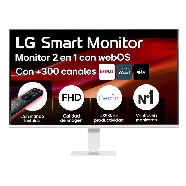 Smart Monitor LG 2 en 1 de 27" con webOS, panel IPS Full HD, 120 Hz y HDR10 Pro. Streaming sin PC, IA, ThinQ, AirPlay 2, Bluetooth y altavoces integrados de 5 W x 2.