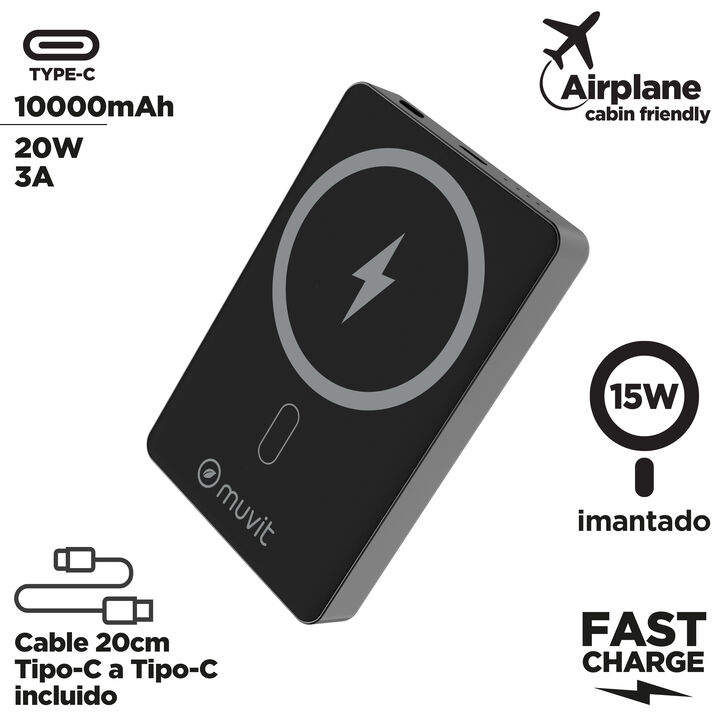 Carga premium, magn&eacute;tica y sostenible. La Power Bank muvit for change de 10.000 mAh combina la elegancia del aluminio negro con la versatilidad de la tecnolog&iacute;a MagSafe de 15W. Equipada con un puerto USB-C Power Delivery de 20W, es la soluci&oacute;n ultra-compacta y ecol&oacute;gica para cargar tu iPhone y dispositivos Android a m&aacute;xima velocidad dondequiera que vayas.