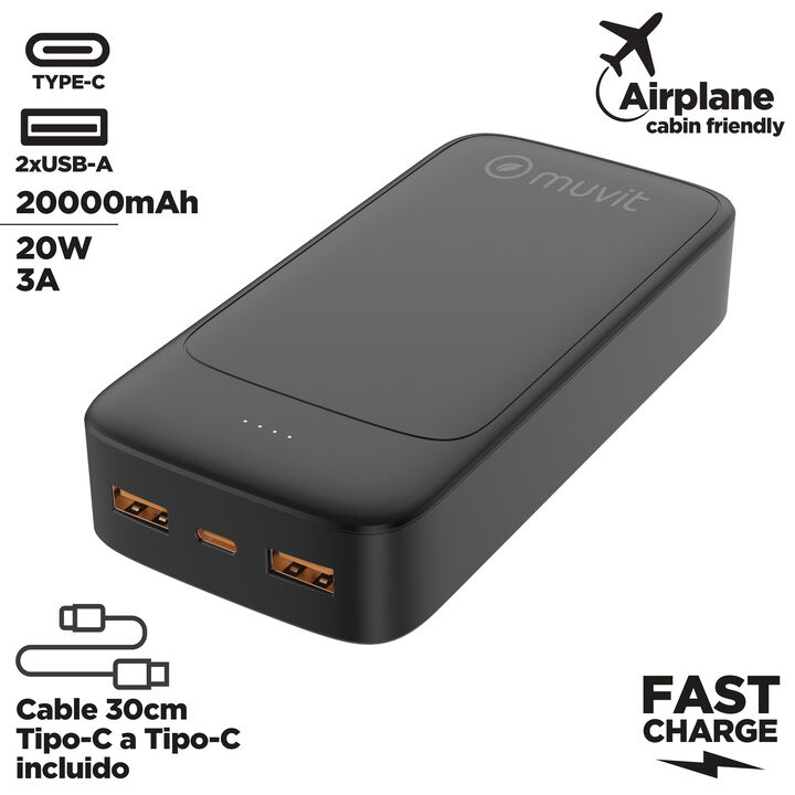 Bater&iacute;a externa de 20000 mAh de color negro de muvit for change. Esta Power Bank dispone un 2 puerto USB A y uno tipo C y est&aacute; hecha con materiales reciclados y reciclables y bater&iacute;a de ion de litio. Incorpora un cable USB-C de 30 cm de TPE reciclado.