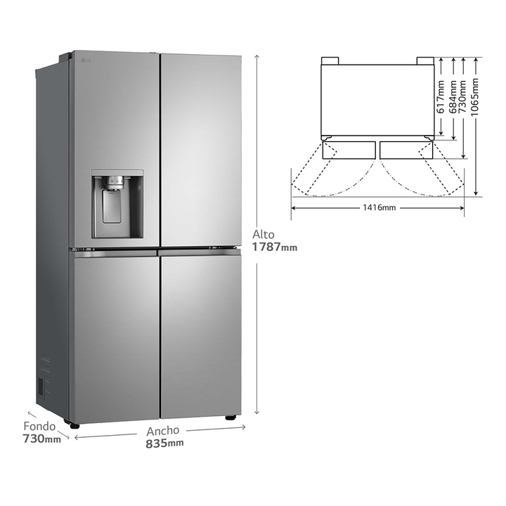 Descubre el frigorífico LG GML860PYFE, diseñado para integrarse perfectamente en tu cocina con su acabado en acero inoxidable y puertas francesas que ofrecen un acceso fácil y organizado.