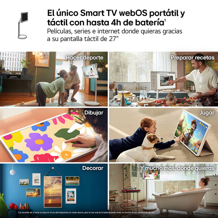 Smart TV port&aacute;til de 27" con pantalla t&aacute;ctil QHD, bater&iacute;a de hasta 4 horas y base con ruedas. Permite girar, inclinar y ajustar la altura para adaptarse a cualquier estancia.