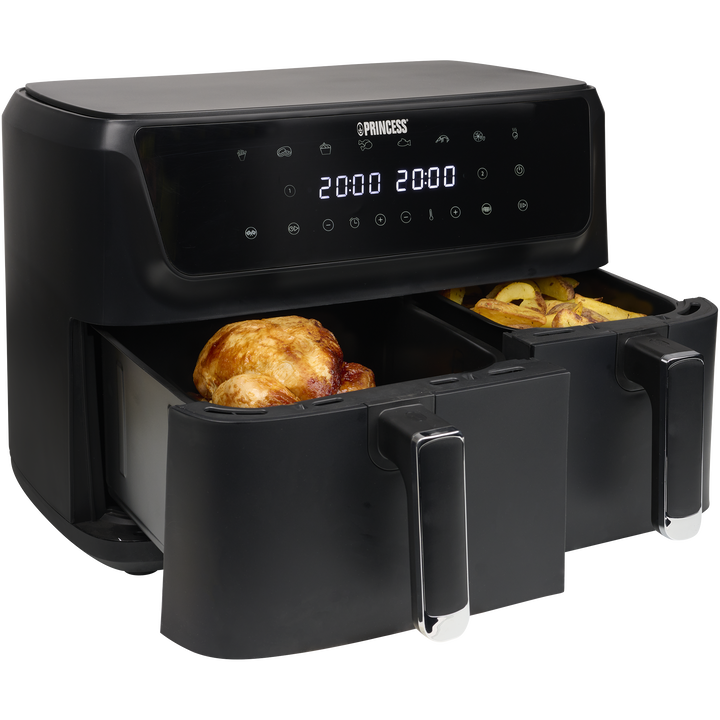 Con esta aerofreidora de doble cesta se pueden preparar dos tipos de comida a la vez. Esta aerofreidora tiene un volumen total de 11 L y una potencia de 2700 W. Utilice la cesta más amplia para platos principales y la menor para comidas más pequeñas.