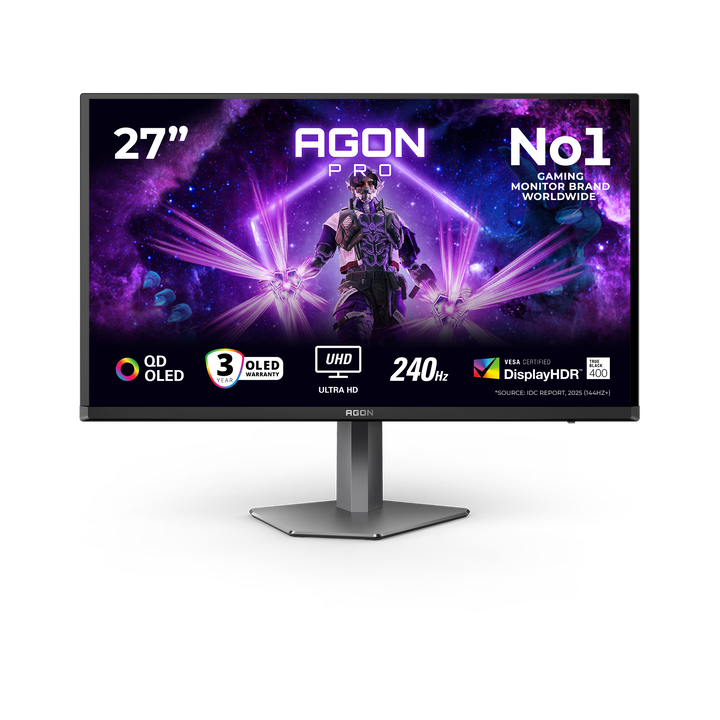 AOC AGON PRO AG276UZD Monitor 27" UHD, 240Hz, QD-OLED, 0.03ms GtG, HDR400, Adaptive Sync, Altura ajustable (3840x2160, 2x HDMI 2.1, 1x DP 2.1, USB-C, USB Hub), Negro