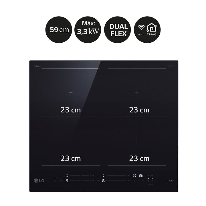 Placa de inducci&oacute;n de 59 cm con 2 zonas Flex, controles t&aacute;ctiles deslizantes, funci&oacute;n Boost de 3,3 kW y conectividad WiFi para sincronizaci&oacute;n con campana. Cristal negro y m&aacute;xima flexibilidad de cocci&oacute;n