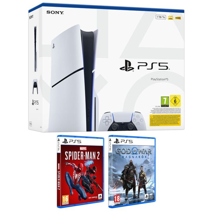 Pack PS5 lector de disco (CFI-2116 Slim Chasis E) con DualSense + God of War Ragnarok + Spider-Man 2